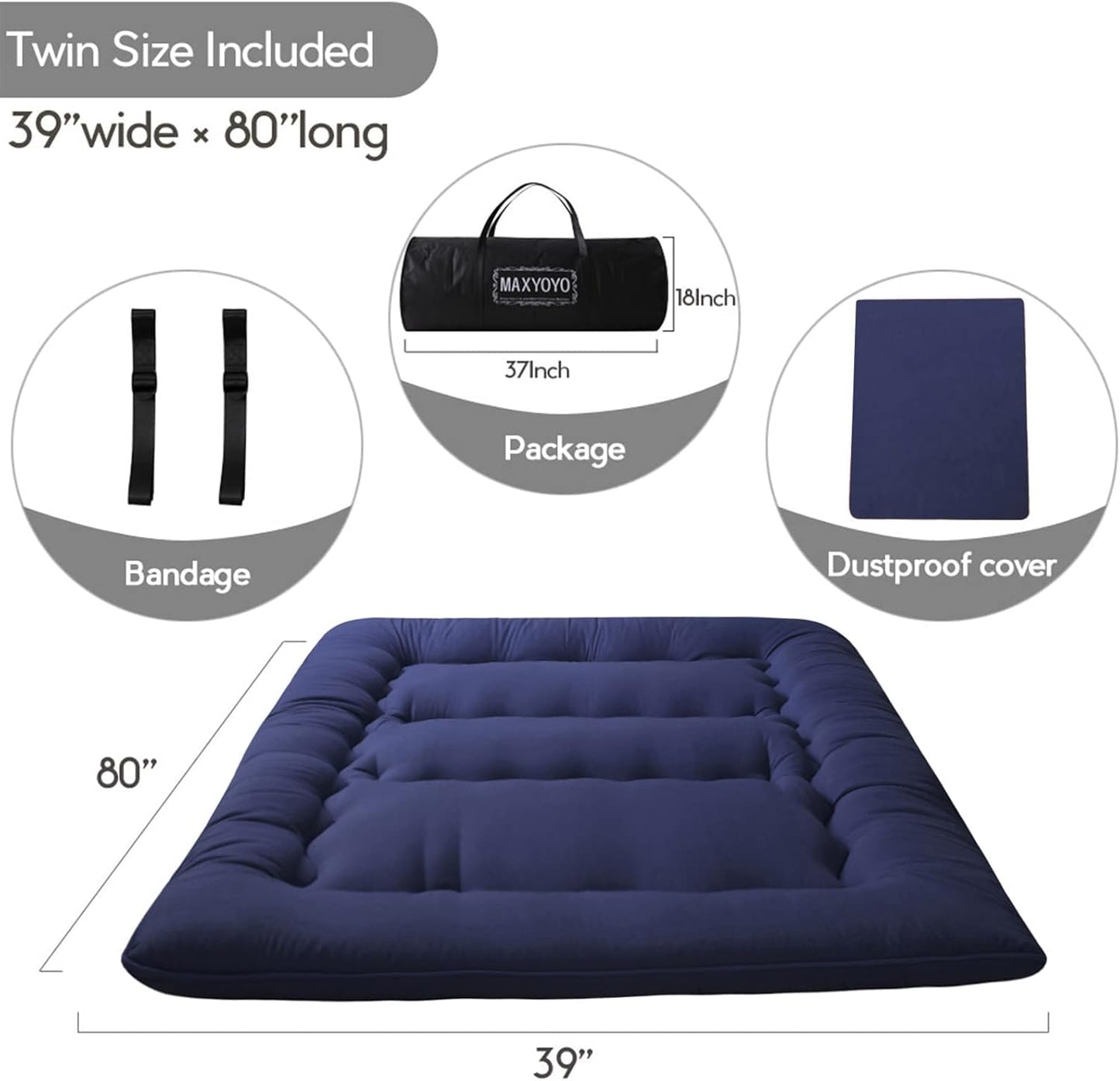 MAXYOYO Japanese Floor Mattress Futon Mattress, Thicken Tatami Mat Sleeping Pad Foldable Roll Up Mattress Boys Girls Dormitory Mattress Pad Kids Floor Lounger Pillow Bed, Navy, Twin Size