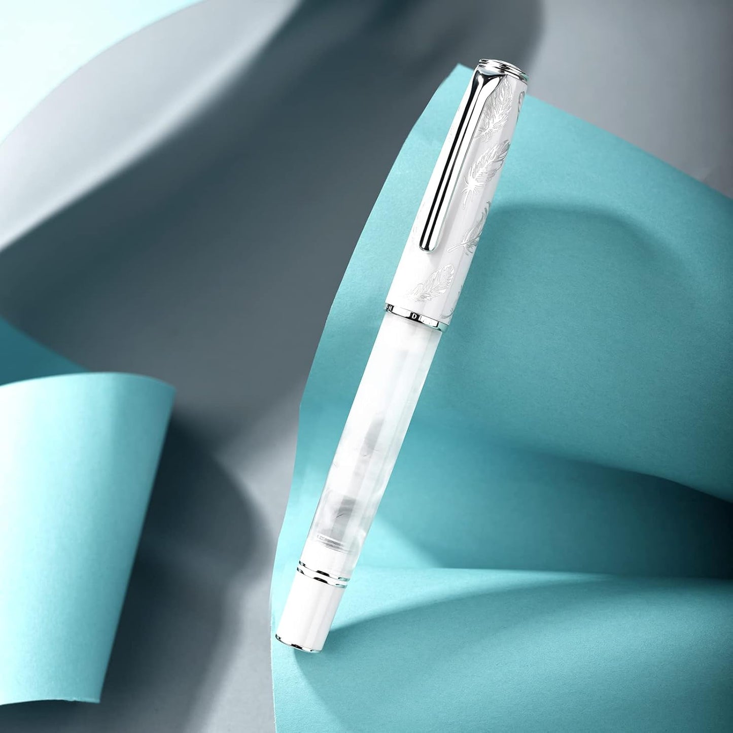 Hongdian N8 White Acrylic Resin Fountain Pen, Iridium Extra Fine Nib Silver Plated Feather Carving Cap Smooth Writing Pen with Converter and Metal Pen Box Set