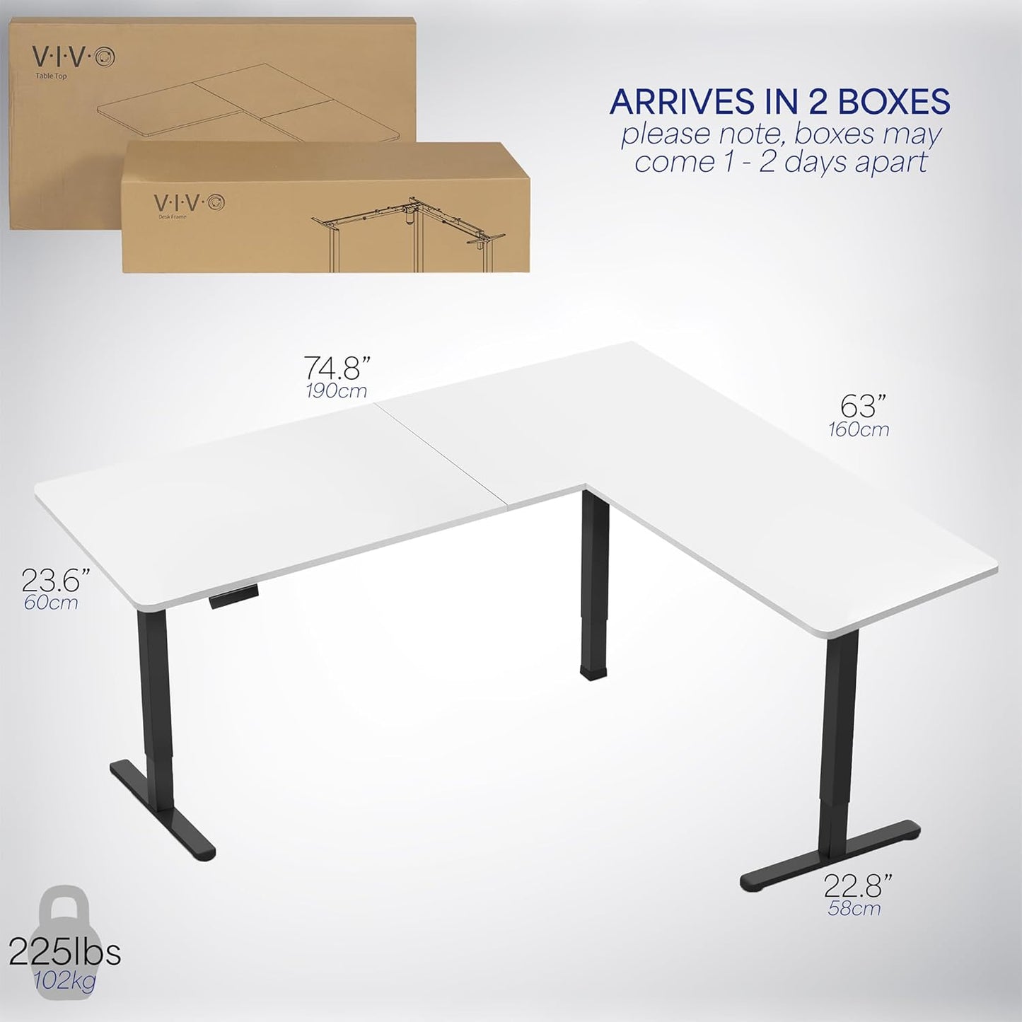 VIVO Electric Corner L-Shaped 75 x 63 in Rustic Standing Desk, Memory Height Adjustment, White Top Black Frame, DESK-E3CTBW-75