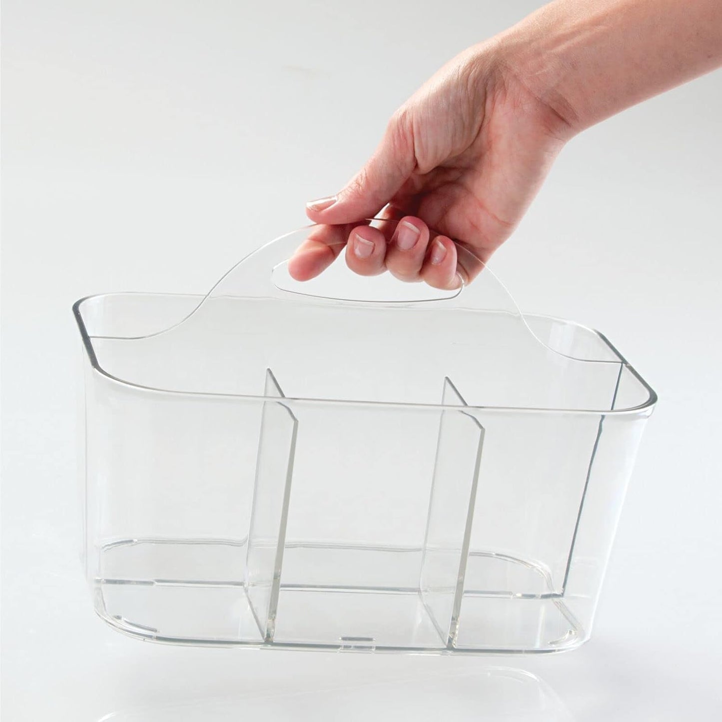 mDesign Plastic Small Office Storage Organizer Utility Tote Caddy with Handle for Cabinets, Desks, Workspaces - Holds Desktop Office Supplies, Pencils, Staplers Lumiere Collection, 2 Pack, Clear