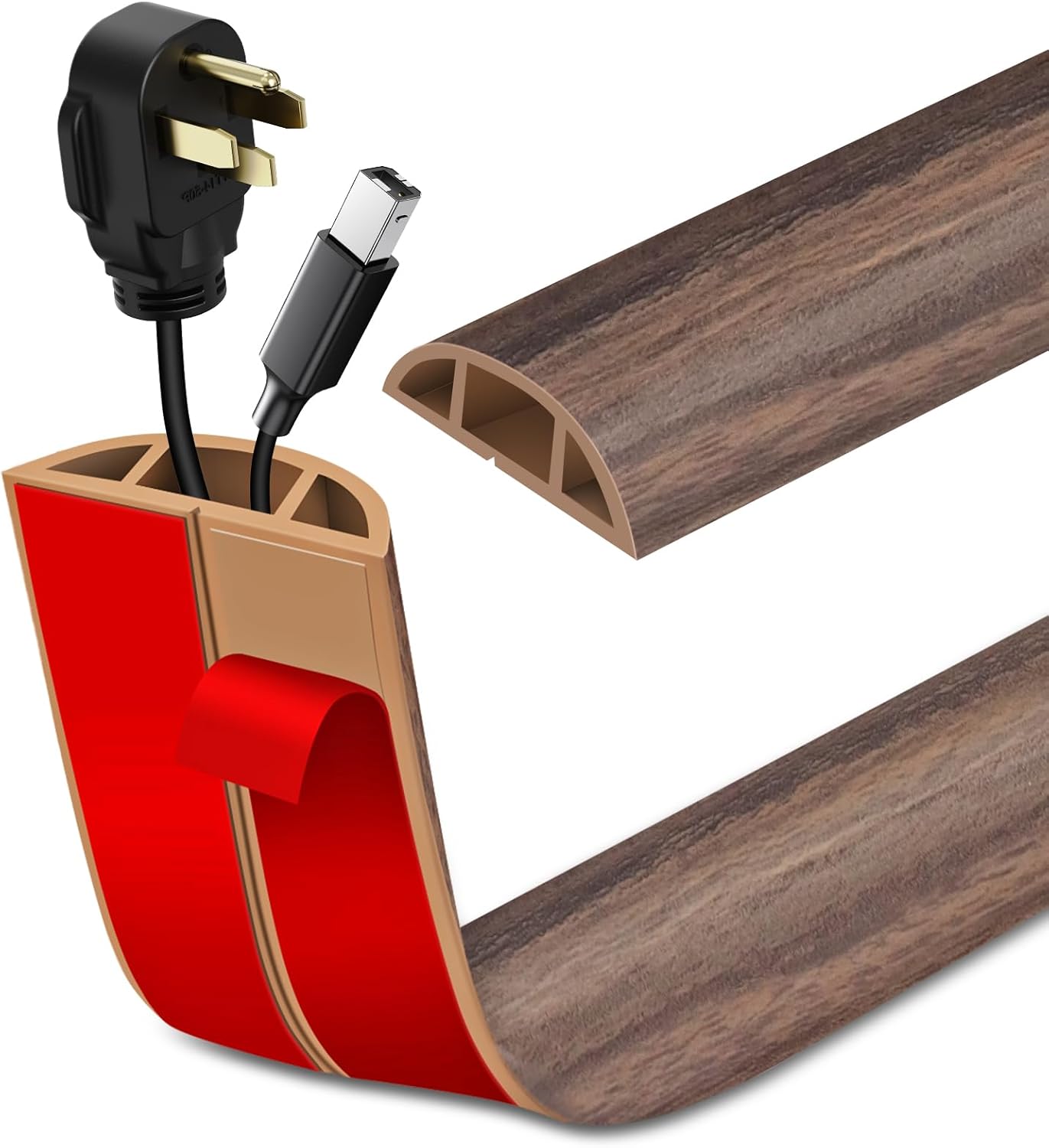 Floor Cord Cover Self Adhesive Cord Hider Floor Extension Cord Covers for Floor Power Cord Protector Cable Management Prevent Cable Trips Cable Cavity 0.59" W x 0.31" H (Smoked Brown Wood, 10Ft)