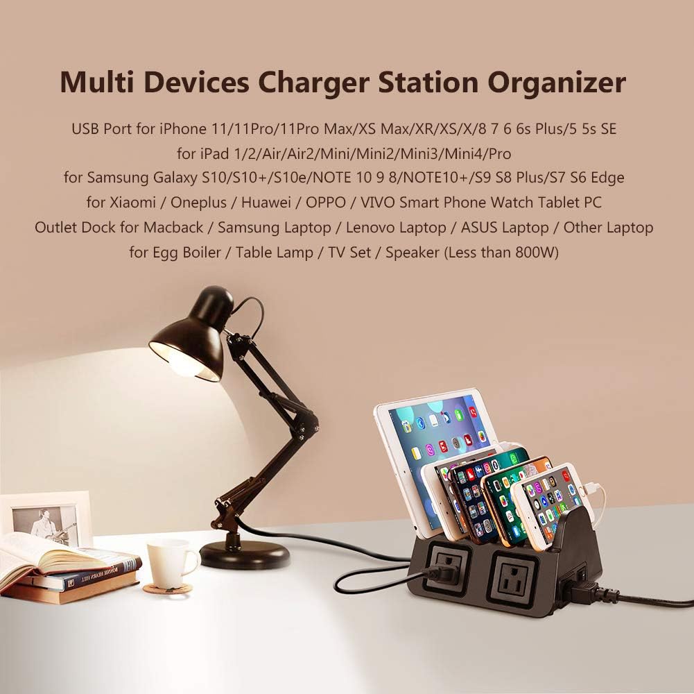 5 USB Ports Charging Station Organizer for Multiple Devices Fast Charging Desktop Stand for Apple Android Phone Tablet 1600W 2 AC Power Outlets Charger Dock for Home Office 3 Prong Cord Black