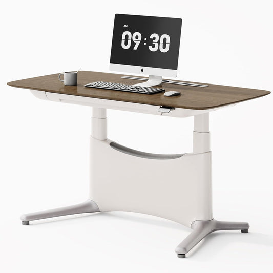 COLAMY Electric Standing Desk, Whole-Piece Gaming Desk with Dual Motors, Ergonomic Footrest, Drawers for Storage, Adjustable Height Sit-Stand Desk for Home Office (Veneer Desktop, Walnut + White)