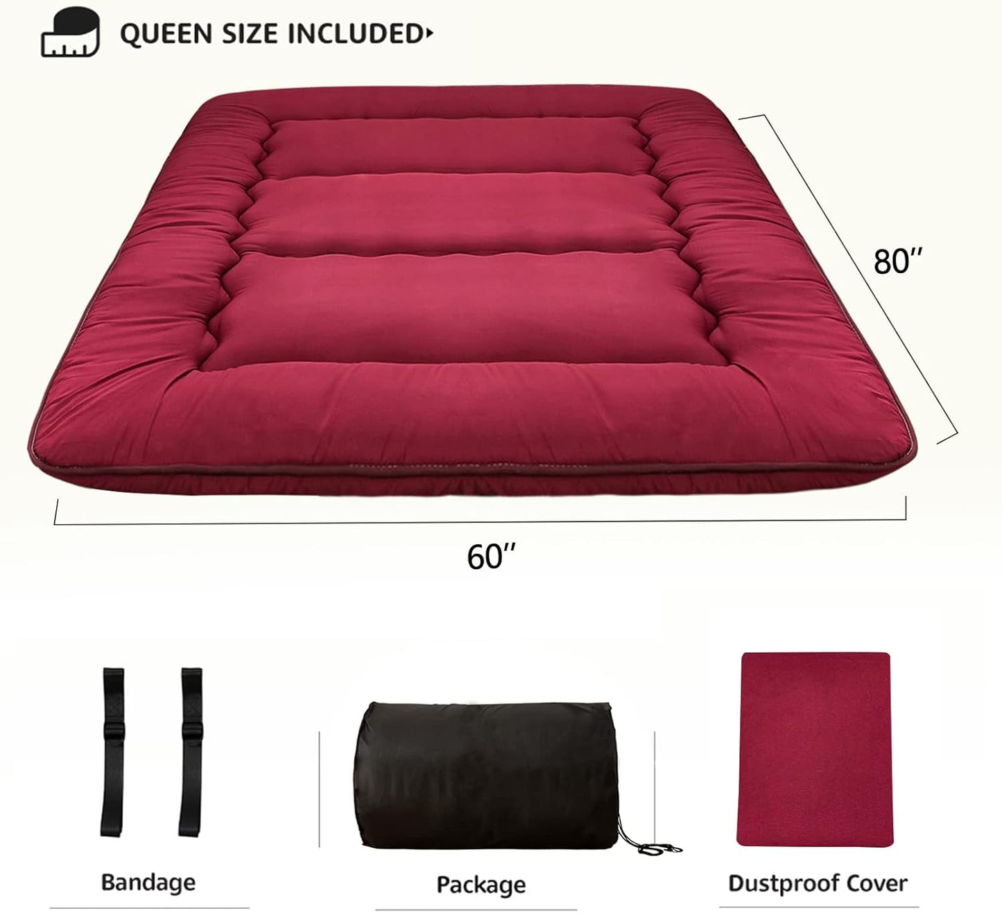 MAXYOYO Japanese Floor Futon Mattress - Thicken Sleeping Pad, Foldable Roll Up Mattress Topper, Guest Floor Bed, Burgundy, Queen