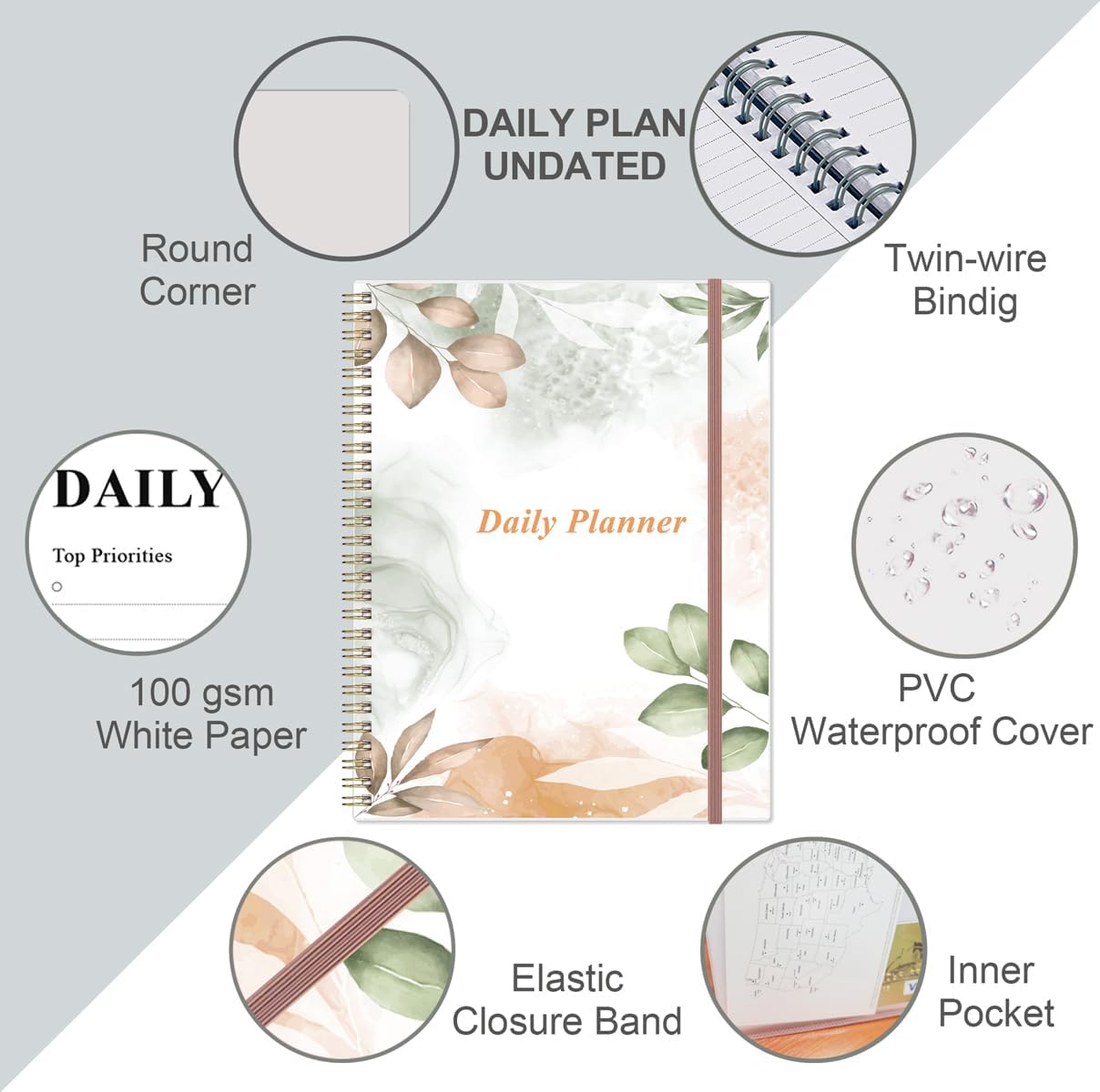 Daily Planner Undated - 8.5" x 11" To Do List Notebook Hourly Schedules, 150 Sheets/300 Pages Spiral Appointment Planner for Women and Men,PVC Hardcover, Inner Pocket, Elastic Closure, Rose Leaf