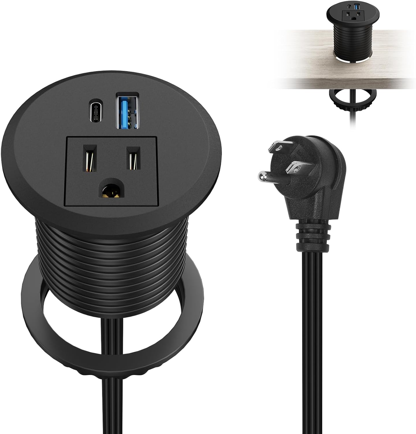XBA 2inch Desktop Power Grommet Recessed Power Strip with PD 20W USB C,AC Outlet and 18W USB A Charging Port, Hidden Power Outlets with 6FT Extension Cords for Office, Home(Black)