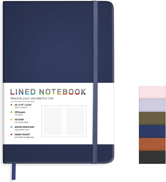 Lined Journal Notebook for Women Men, 200 Pages A5 Hardcover Leather Journals 5.7” x 8.3”, A5 College Ruled Notebooks with 100 GSM Thick Paper for Writing,Travel,School,Office,Work,Business(Blue)
