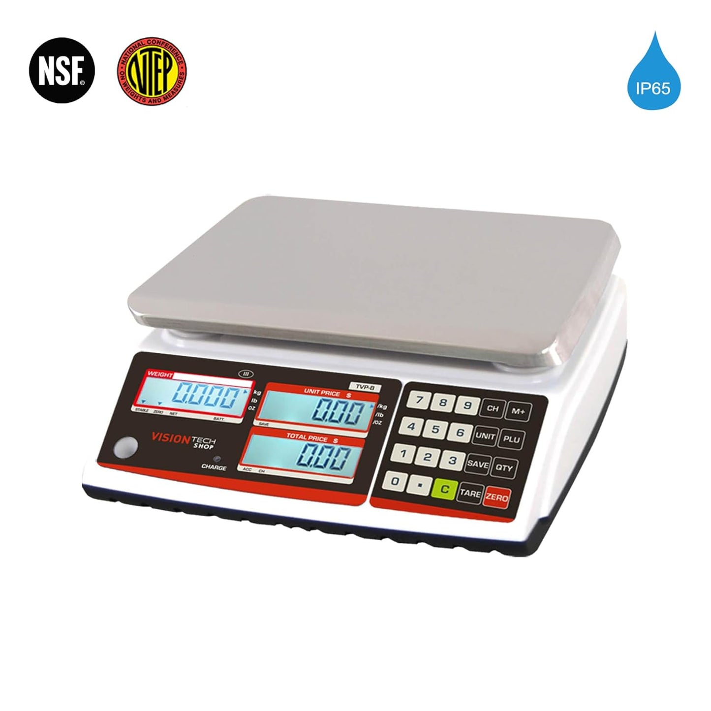 VisionTechShop TVP-12B Price Computing Scale, Lb/Oz/Kg Switchable, 12lb Capacity, 0.002lb Readability, NTEP Legal for Trade COC #19-038, NSF Certified