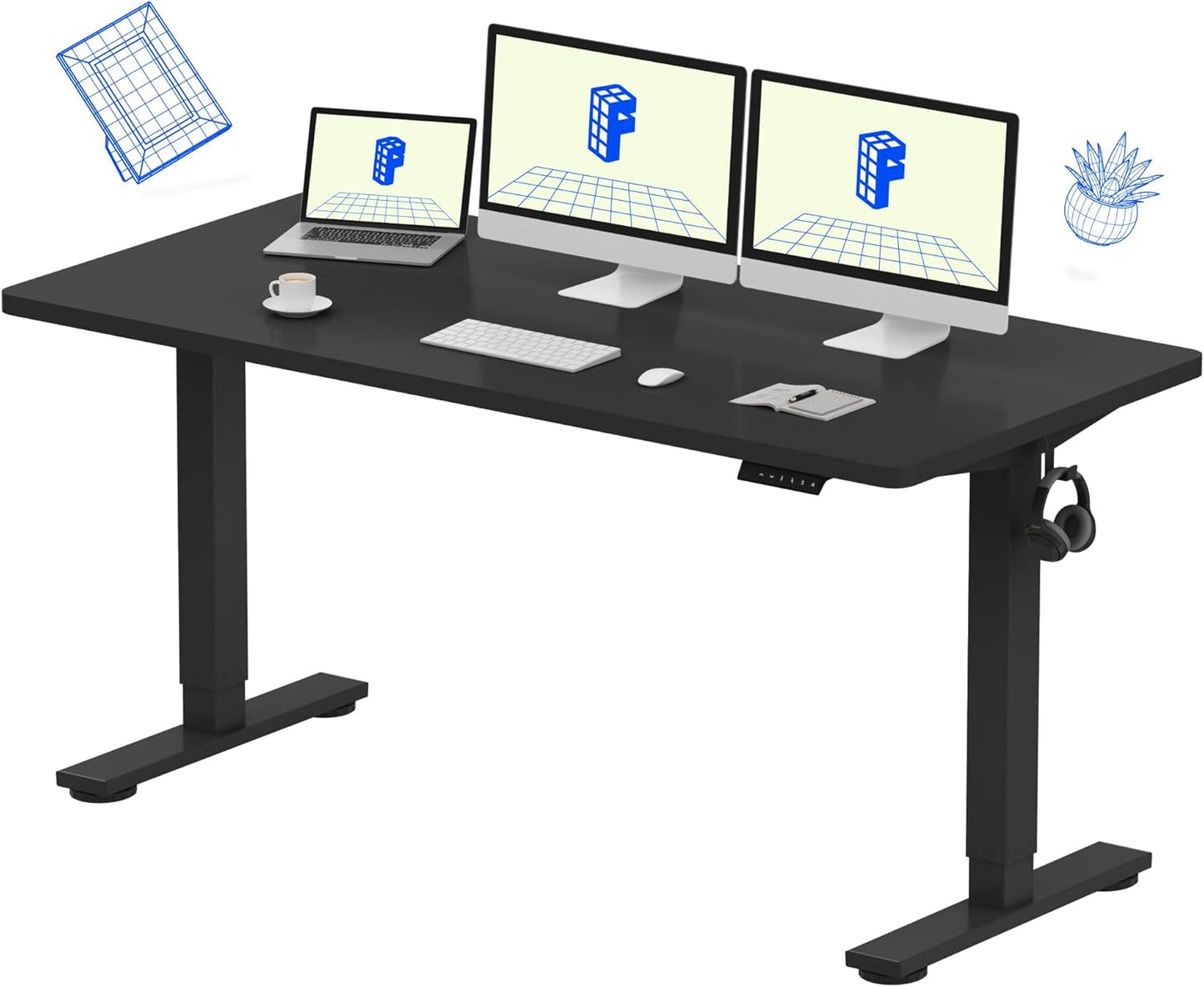 FLEXISPOT EN1 Whole Piece Standing Desk, 60 x 24 Inches Height Adjustable Desk Electric Sit Stand Desk for Home Office (Black Frame + 60" Black Desktop, 2 Packages)