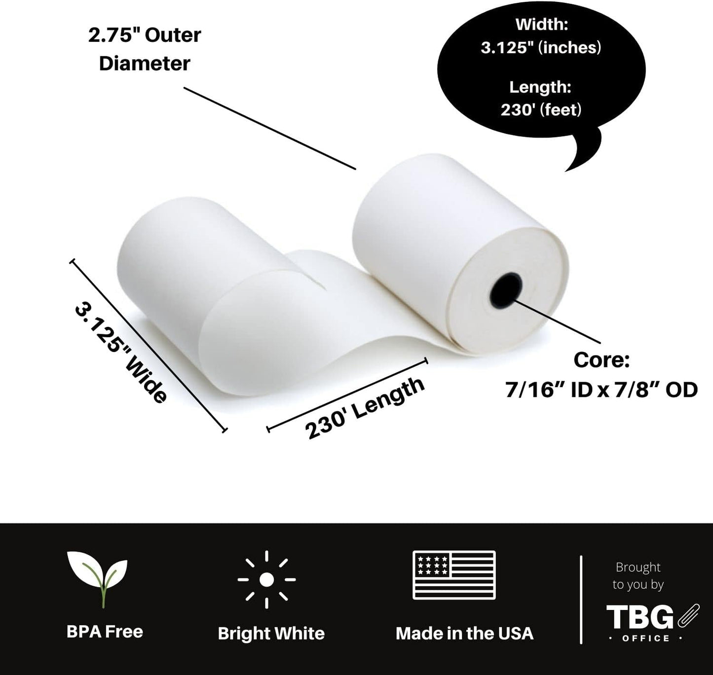 3 1/8” x 230' Thermal Paper Rolls - BPA FREE – MADE IN USA - Receipt rolls – Point of Sale Cash Register - Thermal printer paper - Credit Card Paper - for POS systems (1 Case - 10 Rolls)