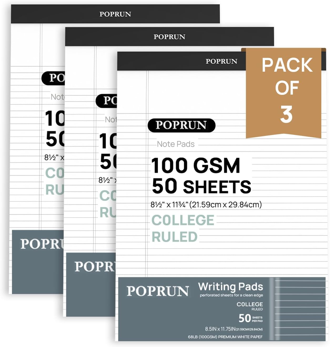 POPRUN White Legal Pads 8.5 x 11.75 College Ruled, 100GSM Writing Paper Pad, Bulk Lined Notepad Notebooks for Work School, Classroom Office Supplies, 3 Pack