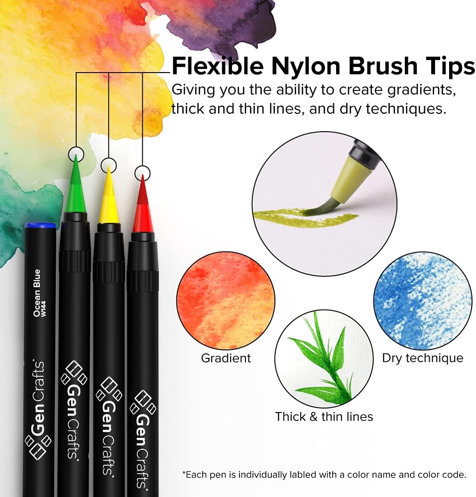GenCrafts Watercolor Brush Pens Set of 20 Premium Colors - Real Brush Tips - No Mess Storage Case - Washable Nontoxic Markers - Portable Painting