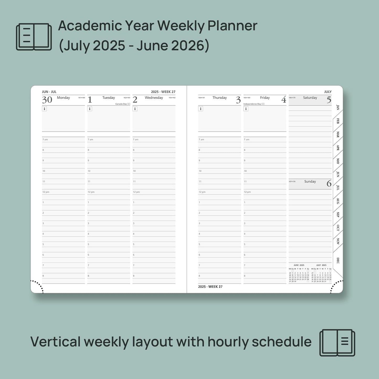 POPRUN Planner 2025-2026, (Medium 6.5'' x 8.5'' Hard Cover) Academic Calendar (July 25-June 26) Daily Weekly and Monthly Appointment Book with Hourly Time Slots, Monthly Tabs, 100 GSM - Light Pink