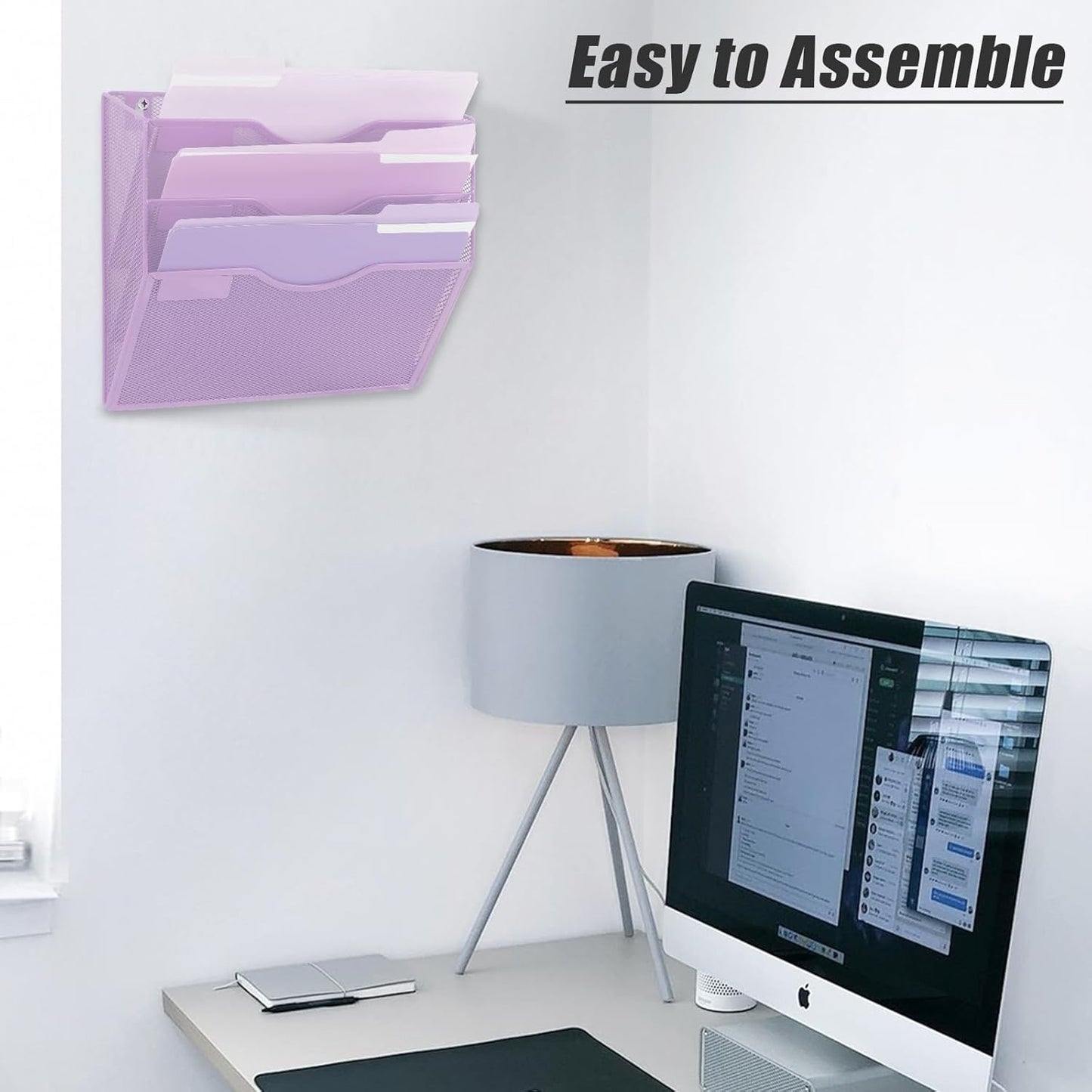 EASEPRES 3 Pocket Mesh Hanging Wall File Organizer, Wall Mounted Mail Paper Document Folder Holder, Clipboard Storage Organization Magazine Rack with Nametag Label for Office Home School, Light Purple