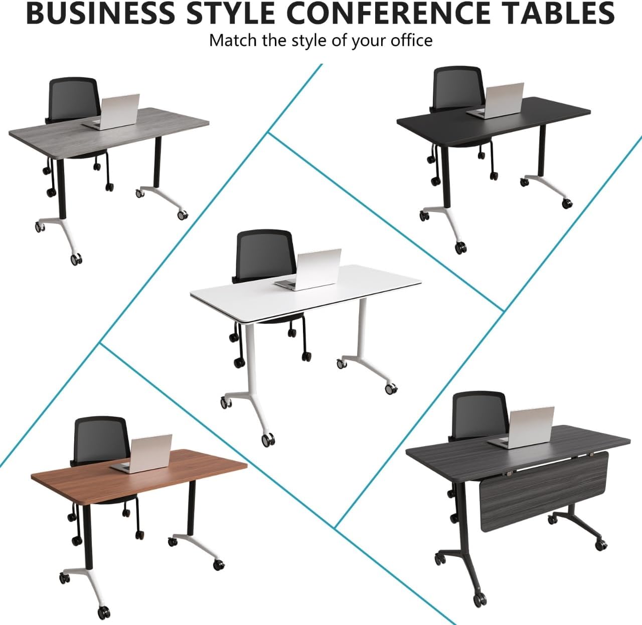 Conference Room Table, Folding Conference Tables,Thicken Grey Tabletop,Flip Top Wooden Seminar Meeting Room Table for Conference Room Offices (2, BlackWoodGrain, 55.1”)