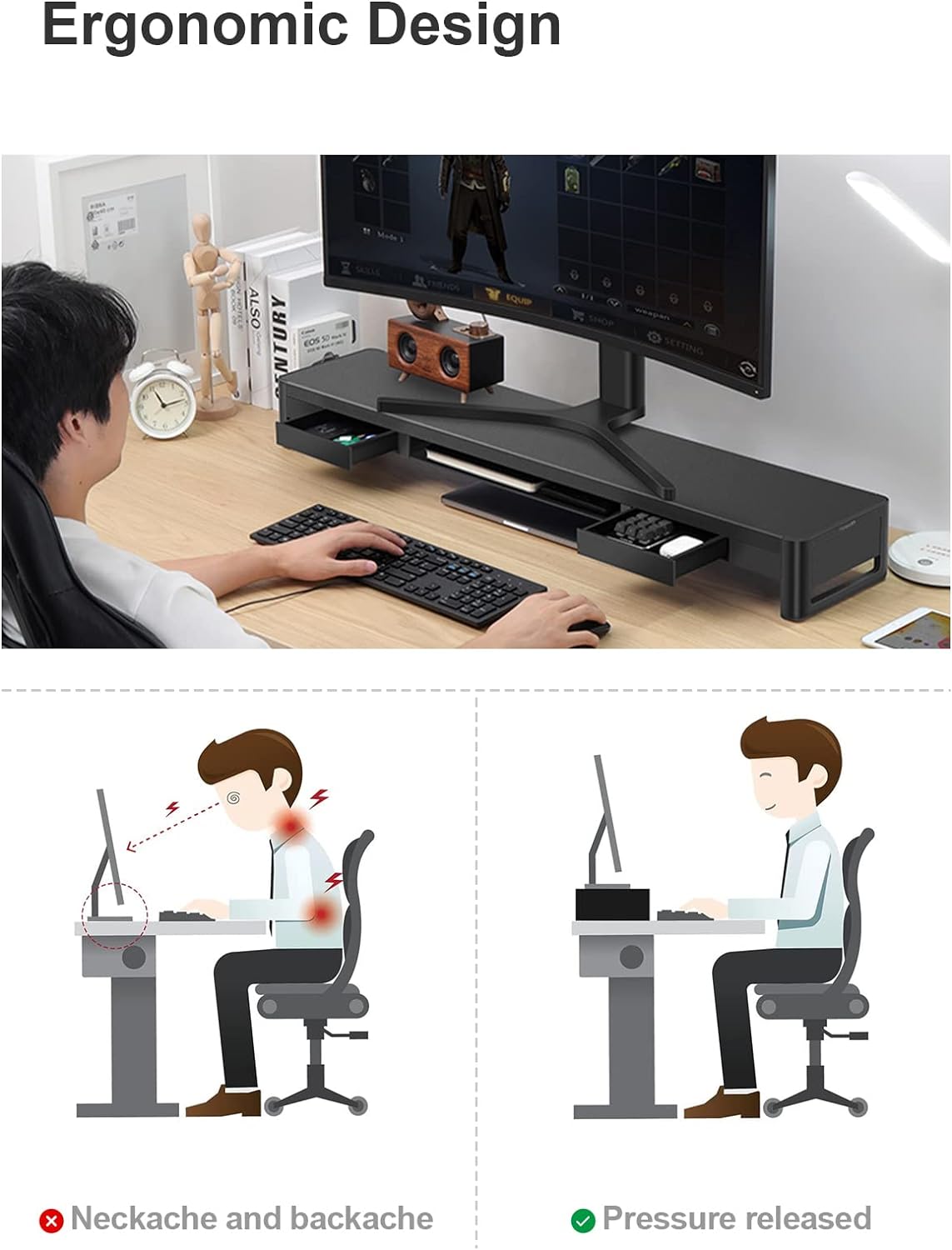 meatanty Dual Monitor Stand Riser with 2 Storage Drawers, Metal Computer Monitor Stand Monitor Shelf with Pull Out Drawer, Keyboard and Mouse Storage Desktop Organizer for PC,Laptop,iMac,TV,Printer