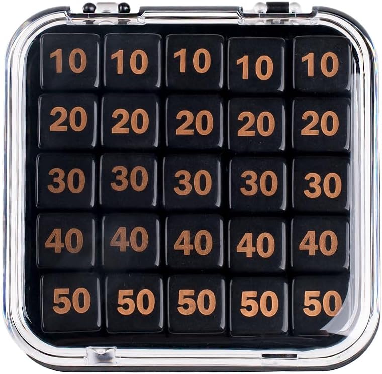 TCG Damage Counter Dice Set with Organizer - 25 Premium Dice (10/20/30/40/50/100) for Card Game Tracking