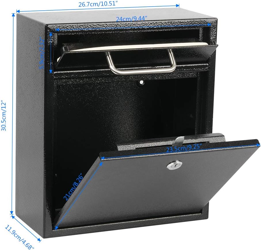 KYODOLED Steel Key Lock Mail Boxes for Outside, Locking Wall Mount Mailbox, Security Key Drop Box,12H x 10.51L x 4.68W Inches, Black Large