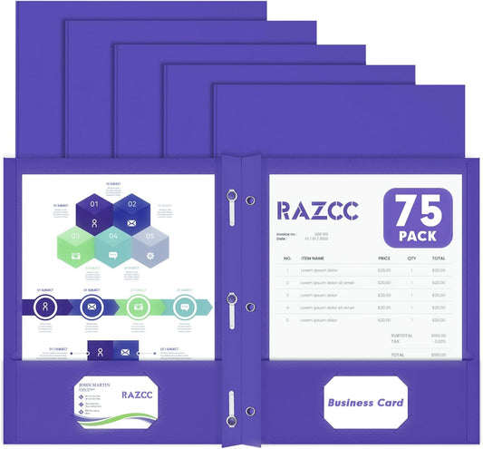Two Pocket Folders, RAZCC 75 Pack Two Pocket Folders with Prongs, 3 Prong Folders Fit Letter Size Paper, Pocket File Folders for School Office Home Business, Purple