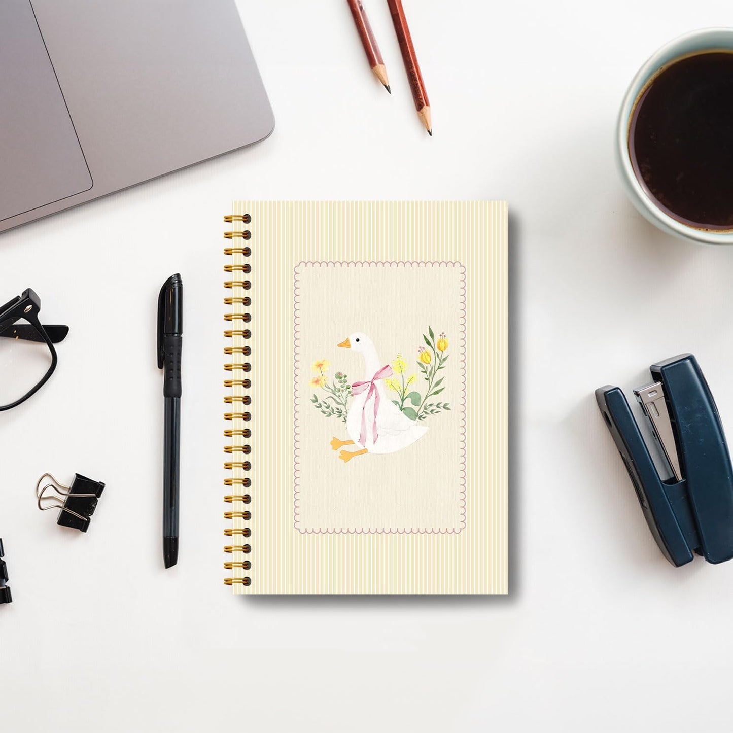 Guymn Light Beige Floral Goose Notebook, Preppy Pink Bow Goose Journal for Kids Girls, Geese Animal Lover Gifts Hardcover Spiral Notebooks Journals 5.5x8.3 Inch