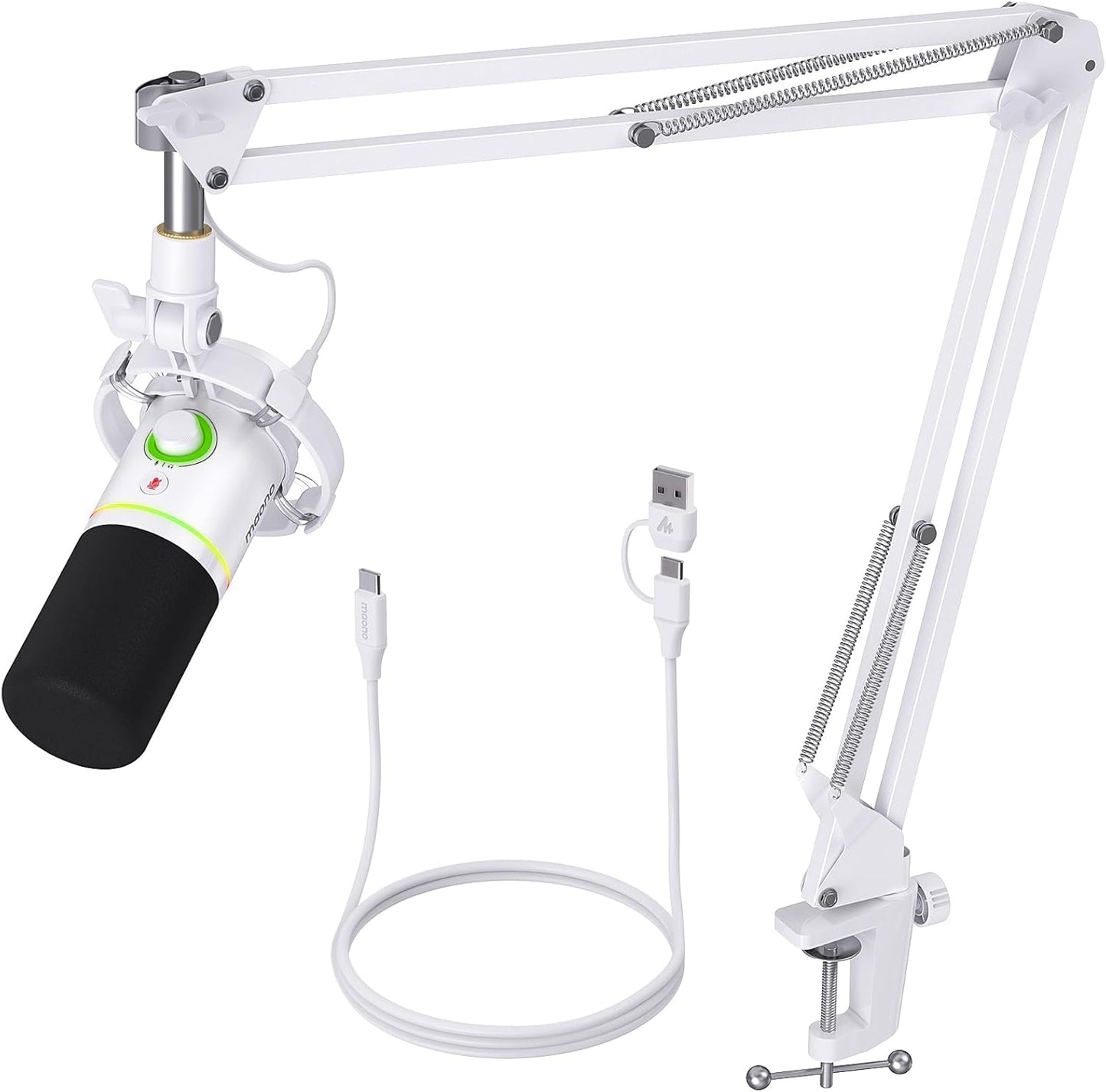 MAONO XLR/USB Dynamic Microphone Kit, RGB Podcast Mic with Software, Mute, Gain Knob, Volume Control, Boom Arm for Streaming, Gaming, Voice-Over, Recording-PD200XS White