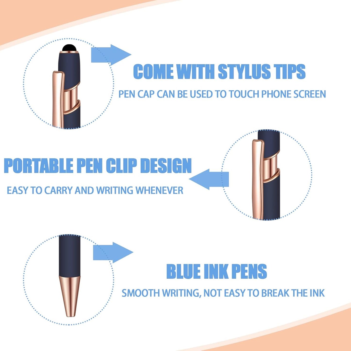 8 Pcs Blue Ink Ballpoint Pen with Stylus Tip 2 in 1 Stylus Ballpoint Pen Metal Pens Stylus Pen for Touch Screens School Office Coworkers (Blue Rose Gold)