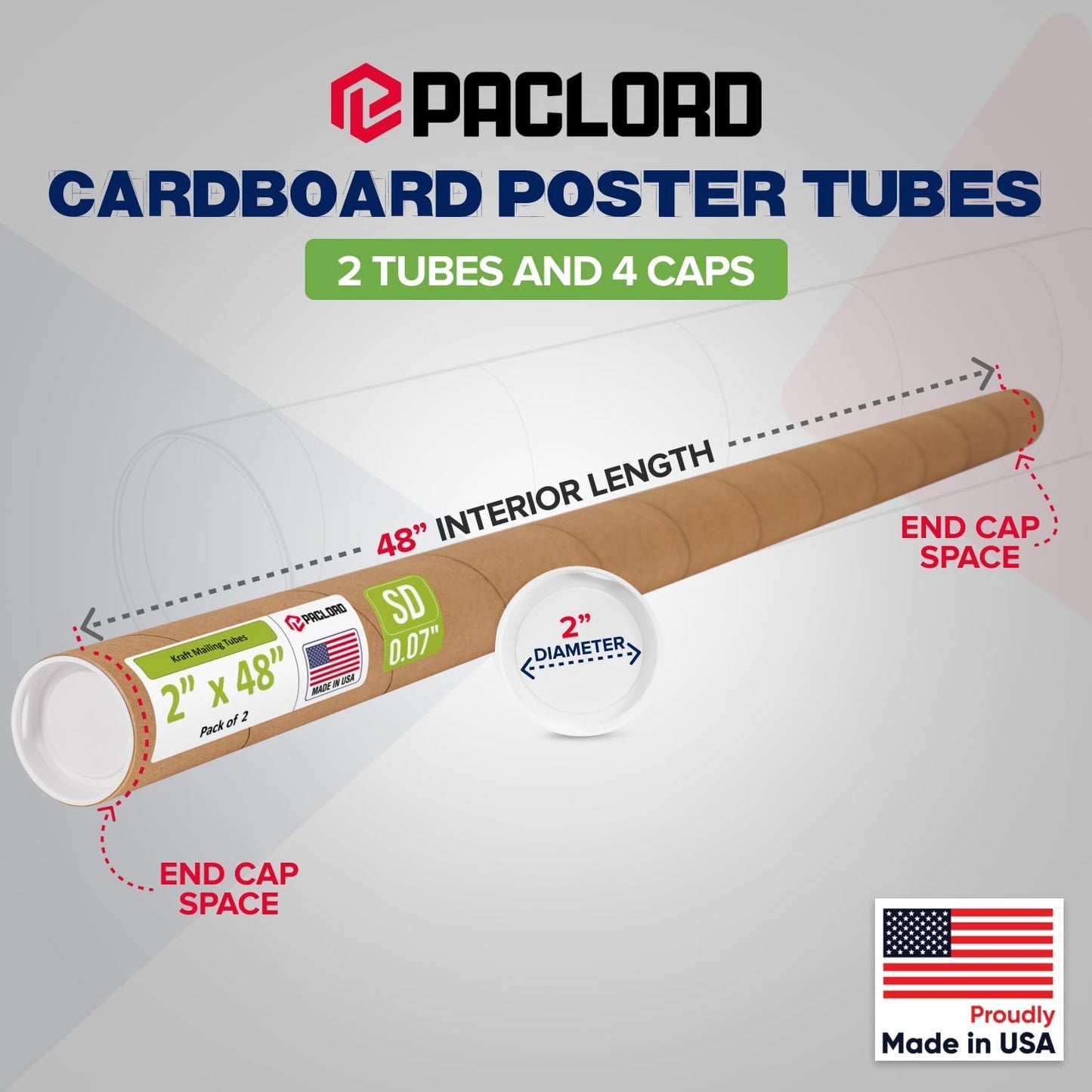 2" x 48" Reinforced Kraft Paper Mailing Tube, Pack of 2 Tubes with 4 Caps – Secure USPS Approved Poster Tube – Cardboard Tube for Shipping and Storing Posters, Prints, Artwork, or Documents