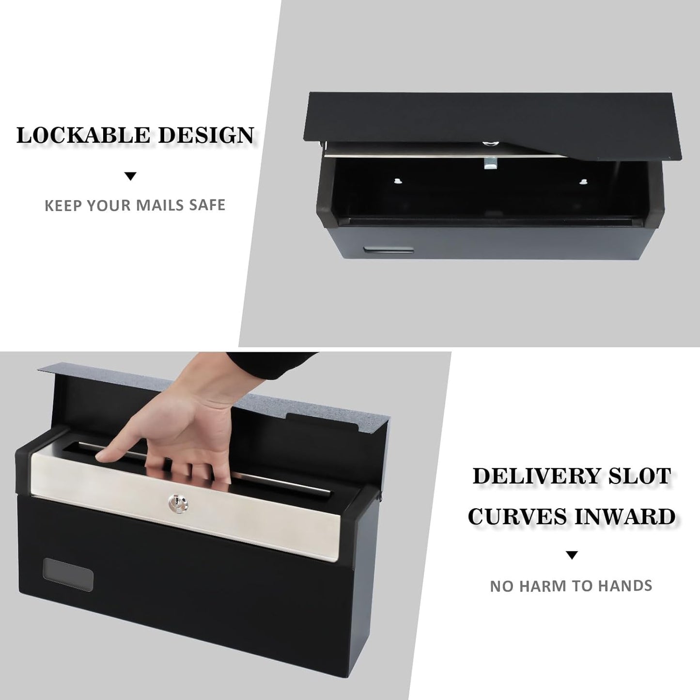 xydled Mailbox with Key Lock, Locking Wall Mount Mail Boxes for Outside, Steel Hanging Metal Mailbox, Modern Post Box, Black, 14.57''x7.09''x3.4''