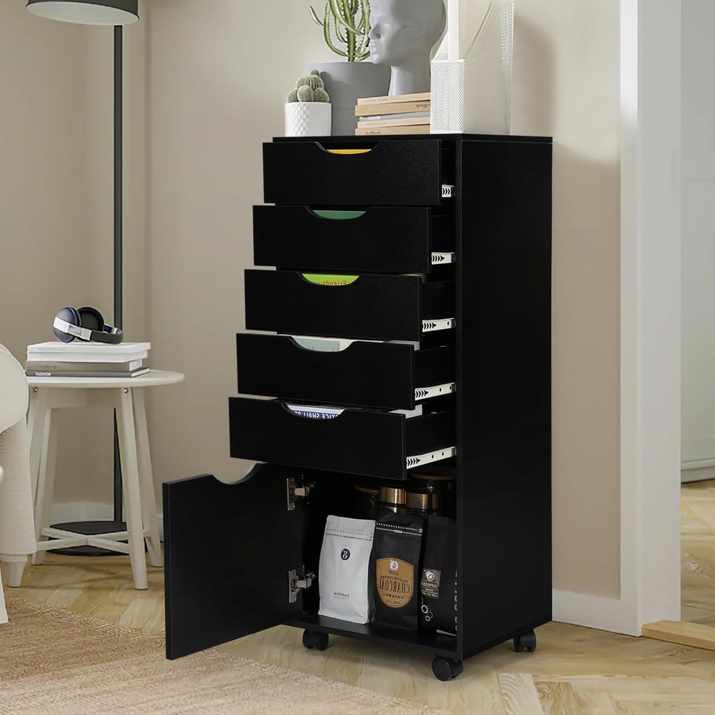TUSY 5-Drawer Storage Cabinet, File Organizer with Caster Wheels, Chest of Drawers, Mobile File Cabinets, File Cabinets for Home Office, Under Desk Cabinet, Organization and Storage for Office, Black