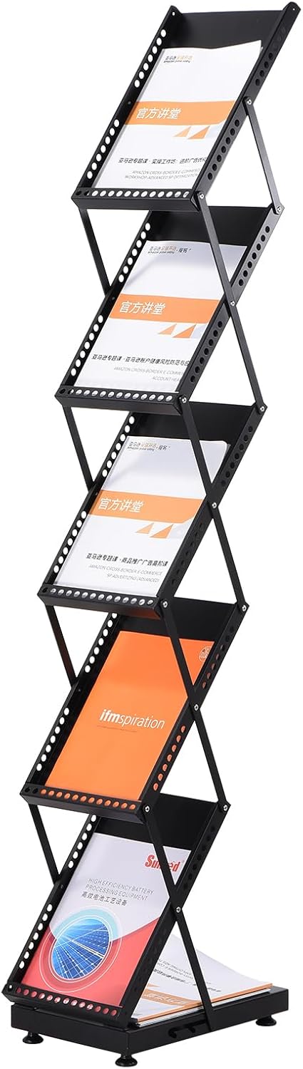 PATIKIL Foldable Magazine Display Racks Floor Standing 5 Layers Brochure Stand Catalog Literature Holder with Wheels for Hotel, Exhibition, Trade Show, Office