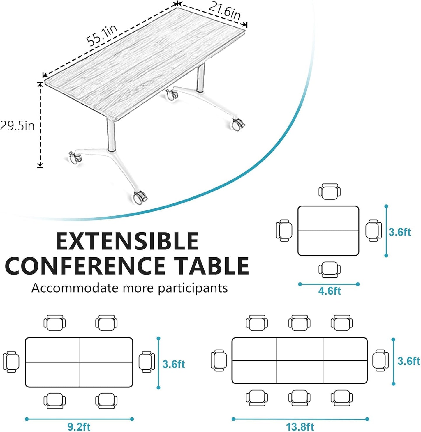 Conference Room Table, Folding Conference Tables,Thicken Grey Tabletop,Flip Top Wooden Seminar Meeting Room Table for Conference Room Offices (4, BlackWoodGrain, 55.1”)
