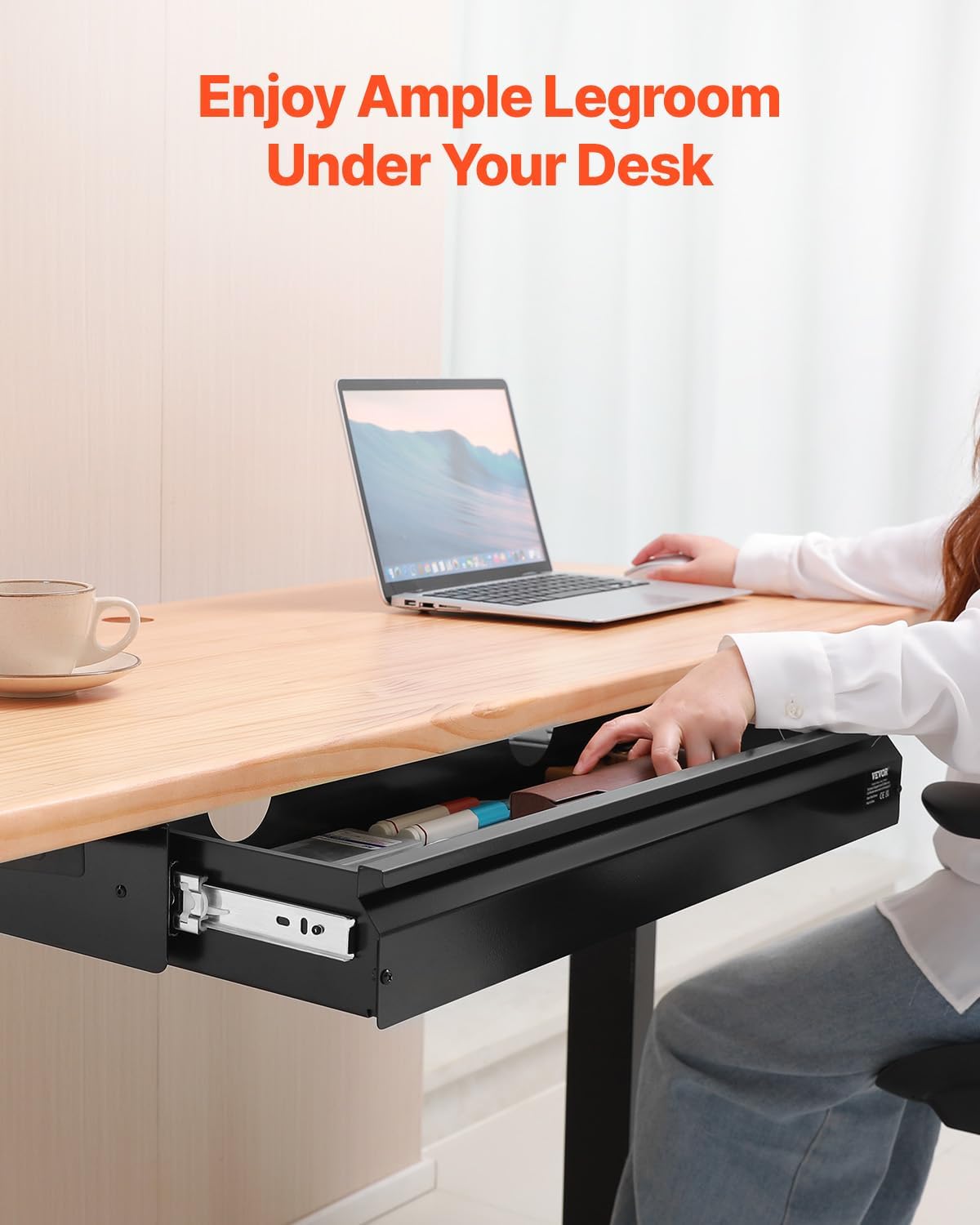 VEVOR Under Desk Drawer Slide Out, 26 inch Under Desk Mounted Pull-out Drawer Attachment, Hidden Under Counter Drawers for office Home Sit Stand Workstation, Black