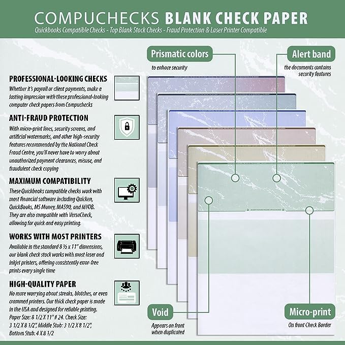 Compuchecks Check on Top Blank Check Paper - 100 Pack, Quick-Books & Laser Printer Compatible - Security Business Checks with Voucher - 8.5" x 11" Green Marble