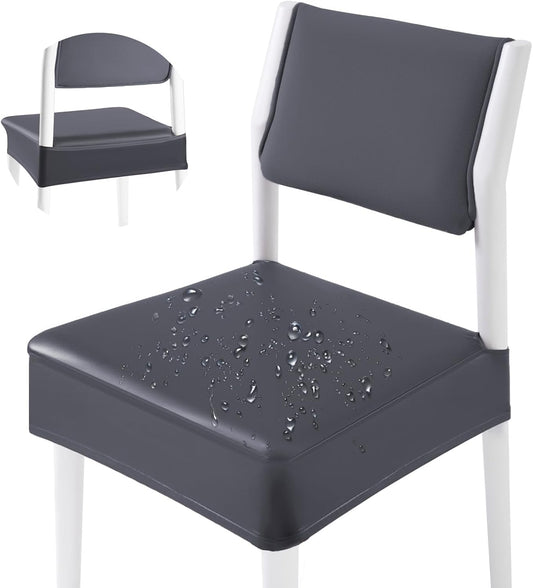 CWK Waterproof PU Leather Dining Chair Covers Set of 2-Stretchable Chair Seat Slipcovers, Removable & Washable Protector for Dining Room,Home,Office,Wedding,Rear Covers (PU-Grey)