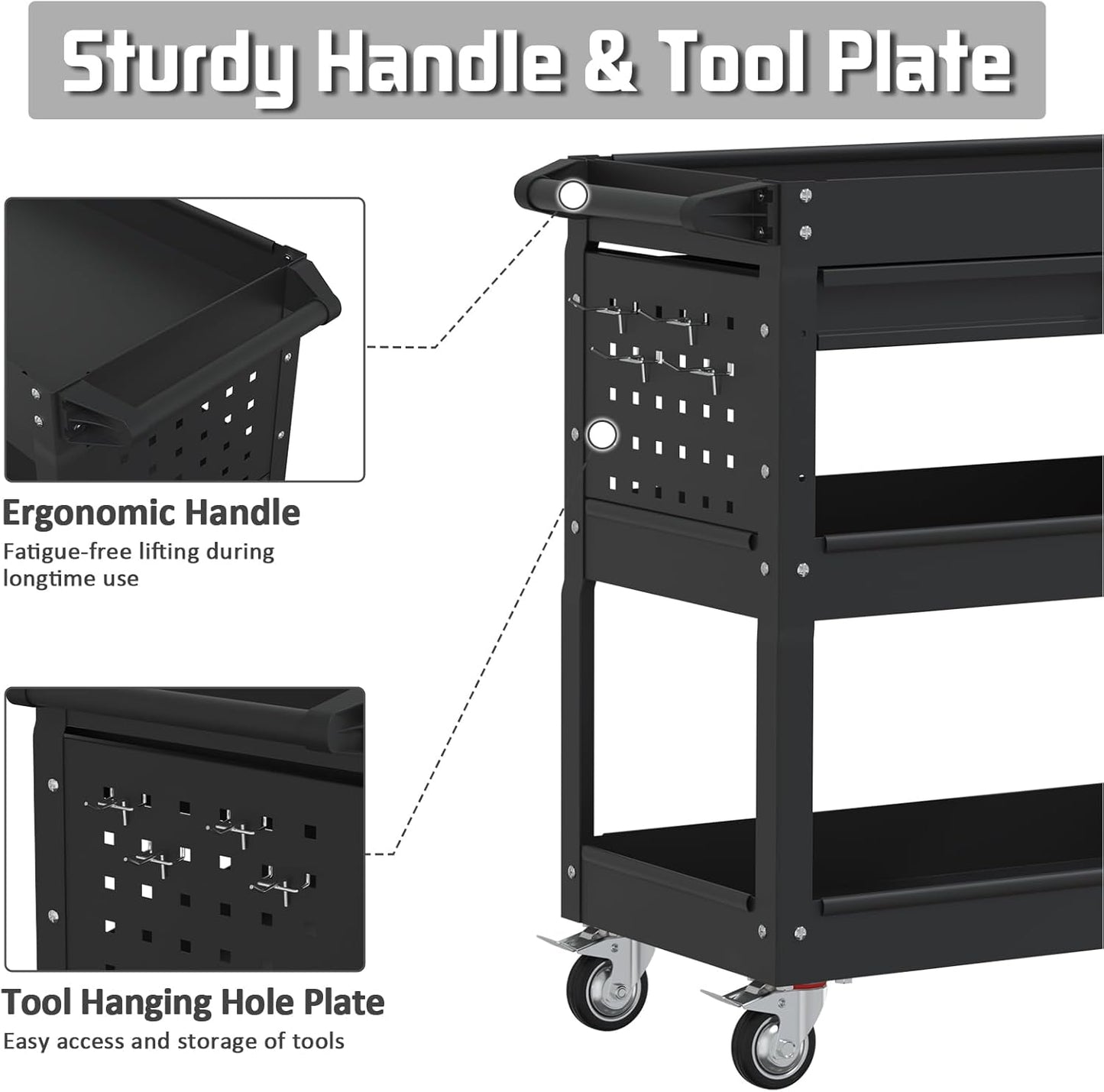 3 Tier Rolling Tool Cart, 400 LBS Capacity Mechanic Tool Carts on Wheels, Heavy Duty Utility Cart with Drawers, Metal Work Cart for Garage, Warehouse and Repair Shop, Matte Black