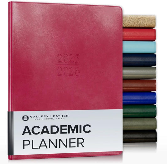 Gallery Leather Academic Planner 2025-2026, Teacher and Student Weekly Monthly Planner, Elegantly Bound Calendar with Gold-Gilded Page Edges, 18 Months - Acadia Wild Rose - 9x7"