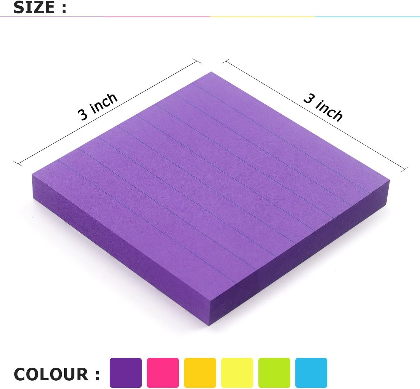 6 Pads Lined Sticky Notes 3x3 Sticky Notes with Lines Self-Stick Note Pads 6 Bright Multi Colors,100 Sheet/Pad