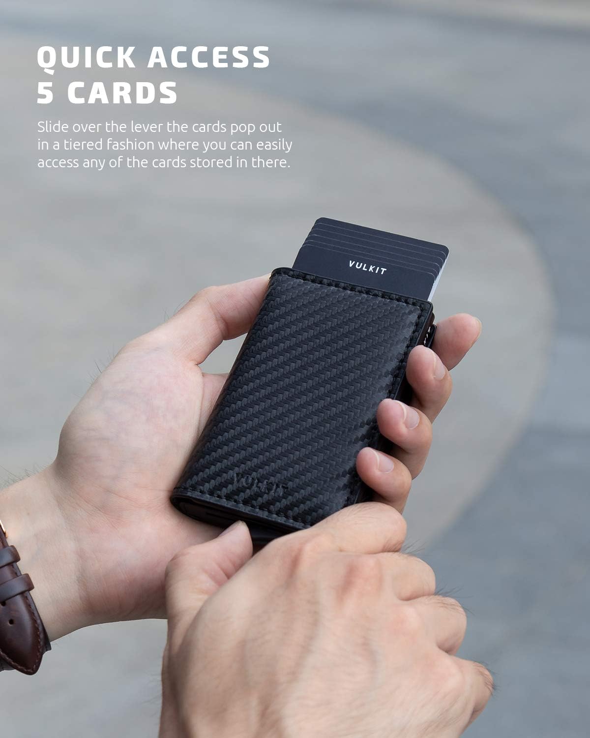VULKIT Credit Card Holder RFID Blocking Leather Automatic Pop Up Wallet Aluminum Slim Pocket Business Card Case