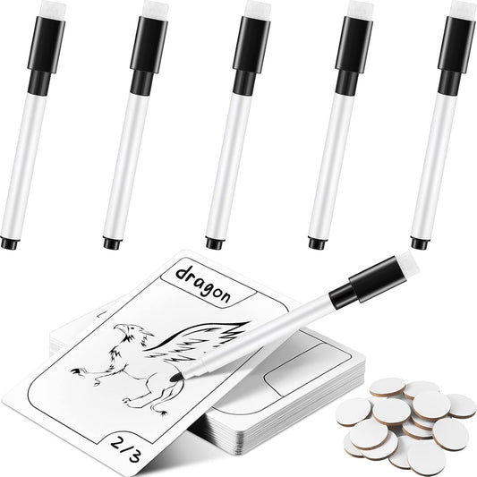 Teling 24 Pcs Reusable Multifunctional Tokens Dry Erase Cards White Blank Flash Erasable Index Cards, 24 White Erasable Plastic Counters Gaming Tokens Discs and 5 Marker Pens for Game