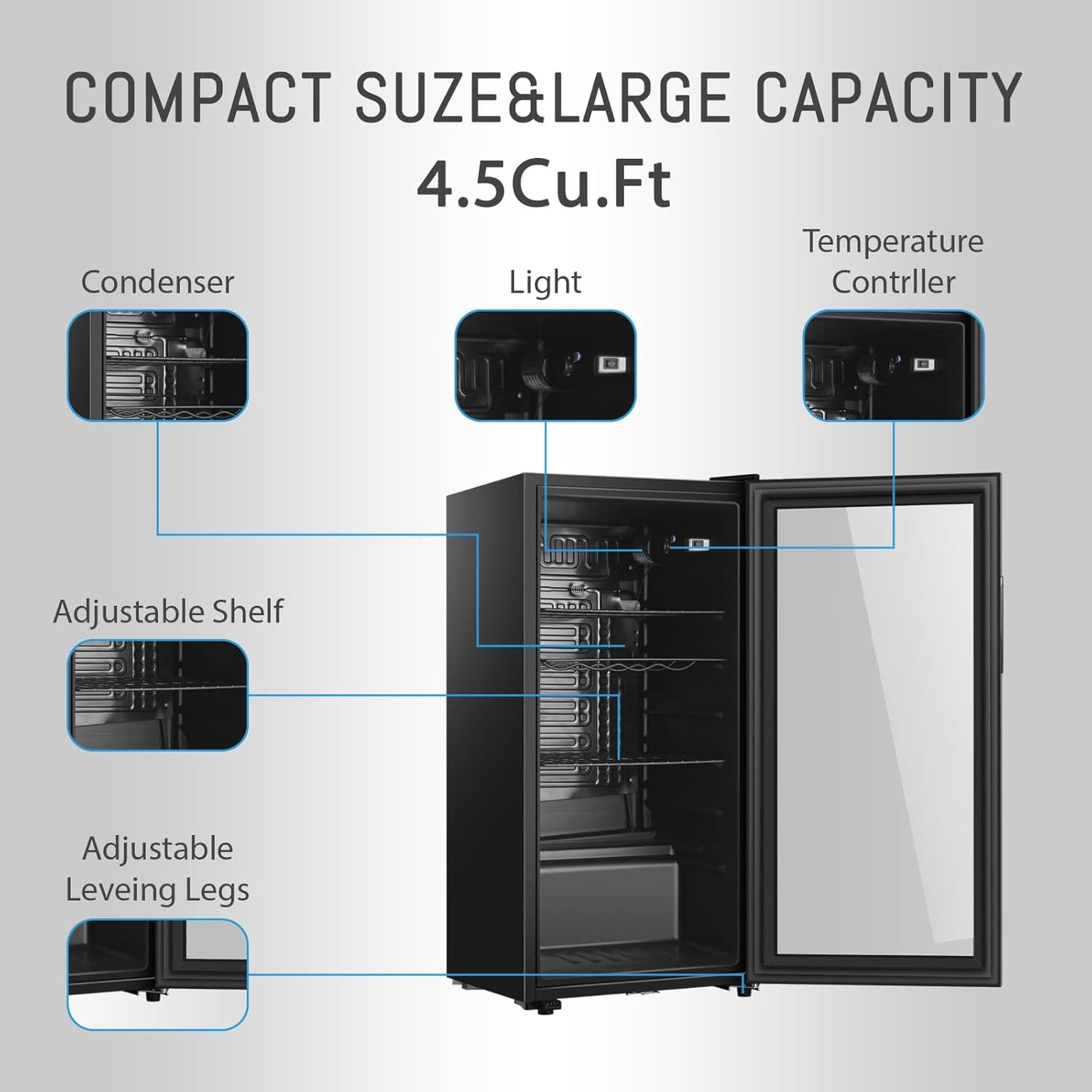LANG Beverage Refrigerator, 4.5 Cu.Ft, Mini Fridge with Glass Door for Soda Beer, Freestanding Beverage Cooler for Office, Bar, Adjustable Shelving&Adjustable Foot