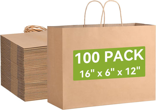 Brothersbox Large Brown Paper Bags with Handles 100PCS, 16 * 6 * 12 Inch Kraft Gift Bags Bulk for Craft Shopping Business Party Favor Retail Birthday Grocery