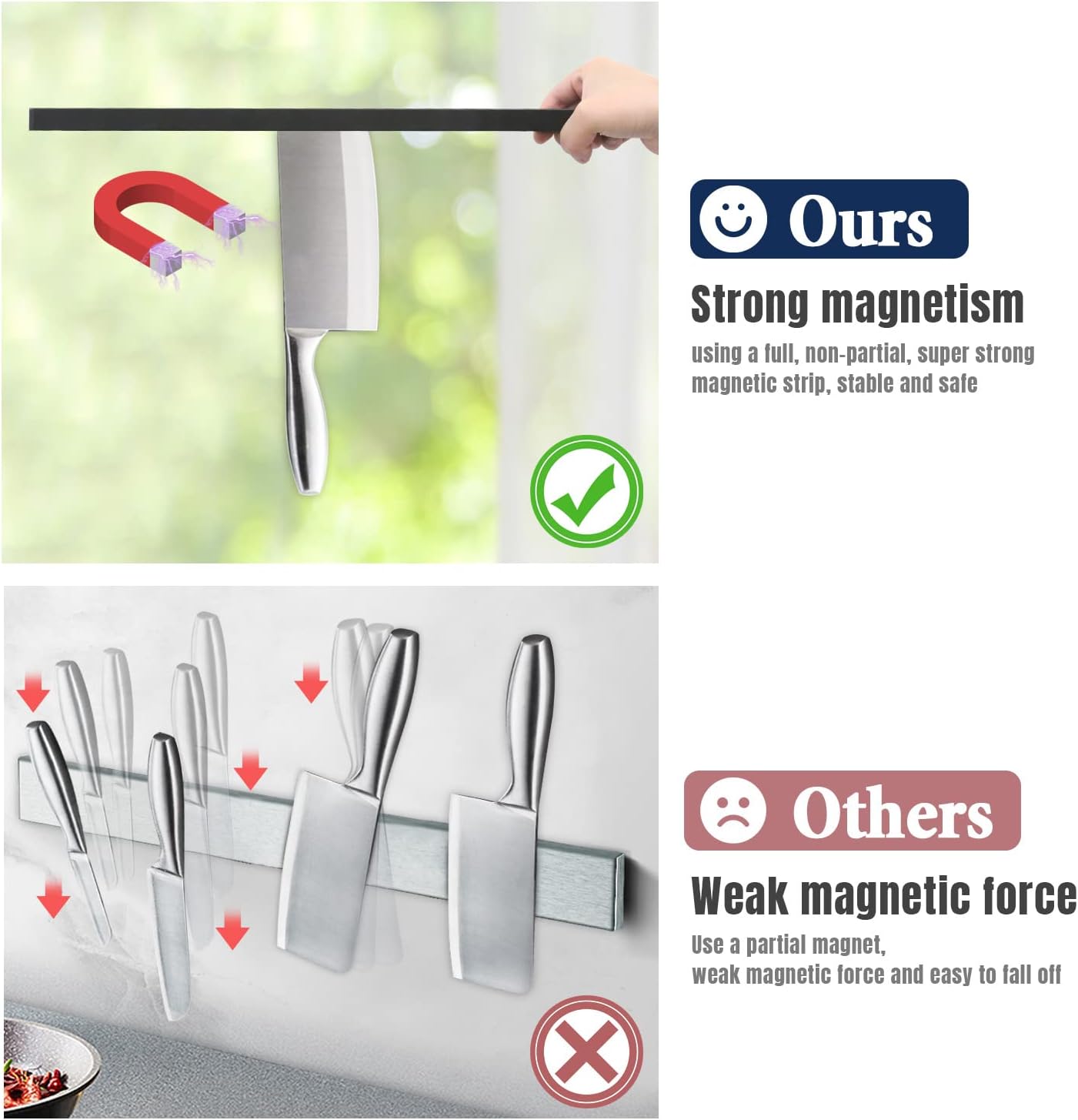 Dmore magnetic knife holder for wall—with 4 hooks, No Drilling 20 Inch black knife magnetic strip, Powerful knife magnet rack, include Adhesive Tape and screws for Knives, Utensils, and Tools