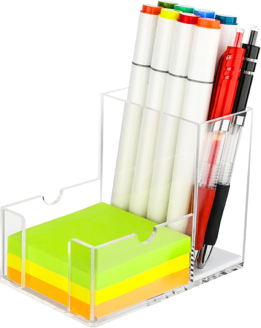 Sticky Note Holder, Crystal Clear Acrylic Pen and Sticky Note Dispenser for 3x3 Inches Note Pads, 3-in-1 Simple Phone Stand for Office Home School Dorm Room Desk Organizer(No Pads)