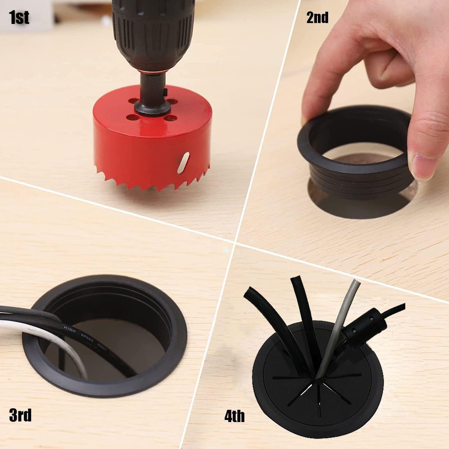 TuTuYa Desk Grommet, 6PCS Flexible 2-3/8 Inch (60mm) Desk Cable Grommet Desk Cable Hole Covers with Hole Saw, Ideal Solution for Office and Home Table Cable (White, 2-3/8Inch_60mm)