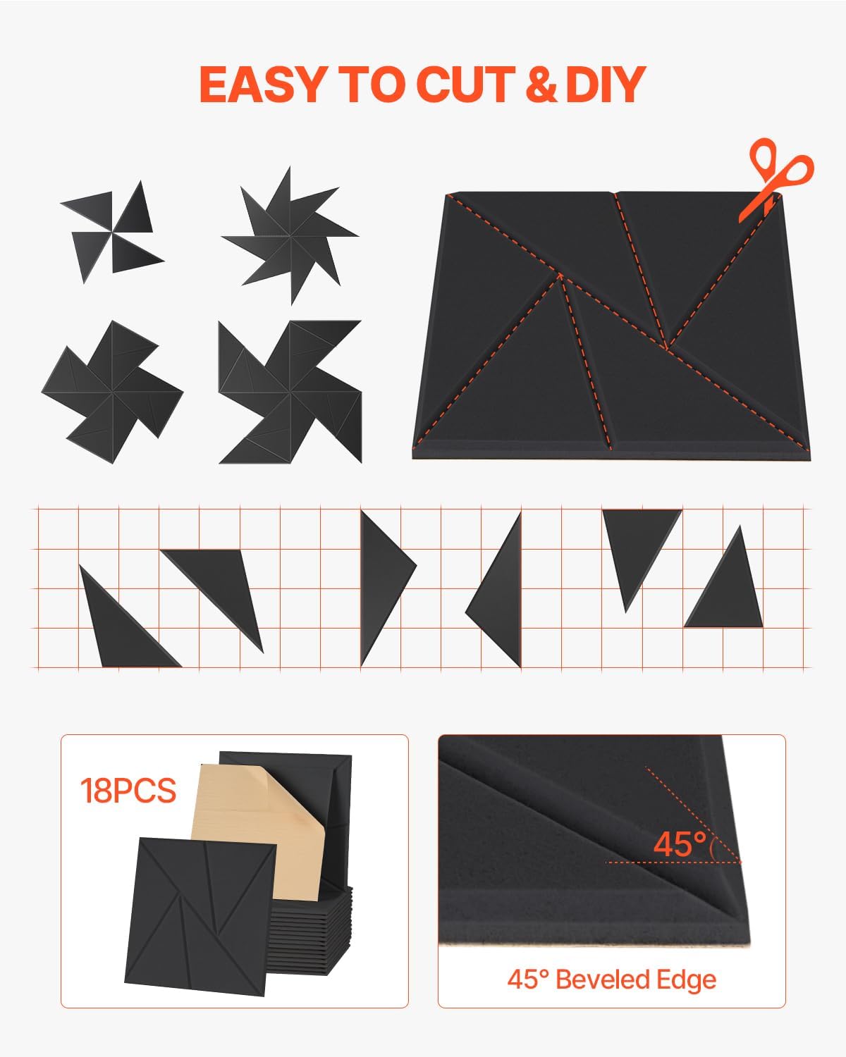 VEVOR 18 Pack Acoustic Panels with Self Adhesive, 11.8 x 11.8 x 0.4 inch Sound Proof Foam Panels, Polyester Fiber Soundproof Wall Panels High Density, for Home, Studio, Office, Theater, Black