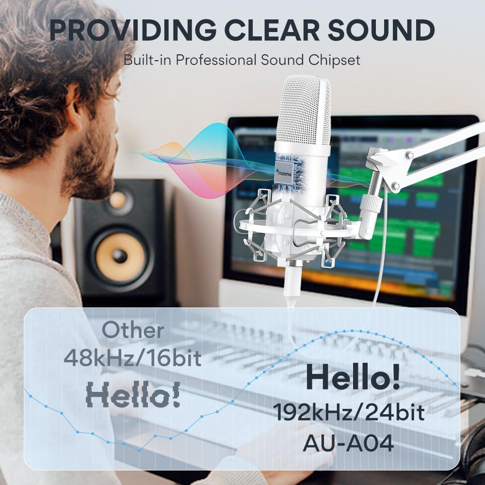 MAONO USB Microphone, 192kHz/24bit Plug & Play PC Computer Podcast Condenser Cardioid Metal Mic Kit with Professional Sound Chipset for Recording, Gaming, Singing, YouTube, AU-A04 White