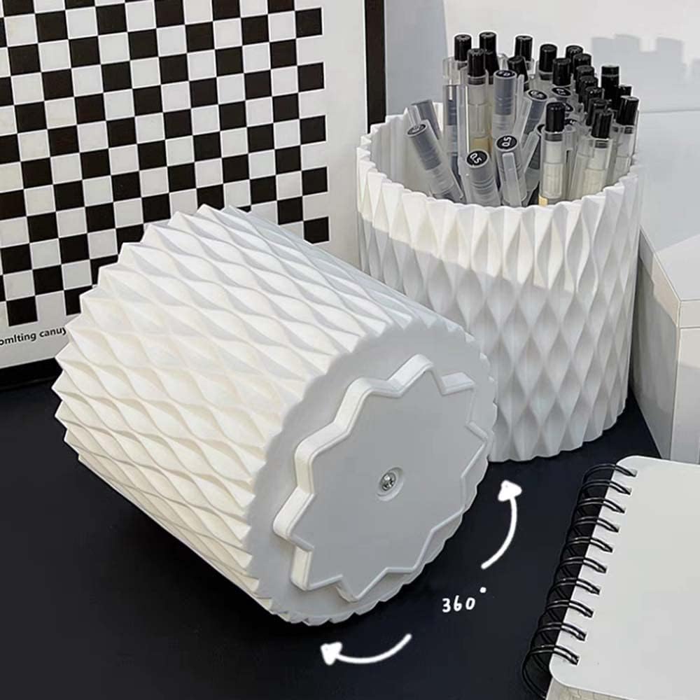 OWLFAVO Rotate Desk Organizer, Spinning Pen Holder Stationery, 360-Degree Pencil Accessories Storage Caddy Tray for College, Home, Office, Makeup Brush, 5 Compartments, White