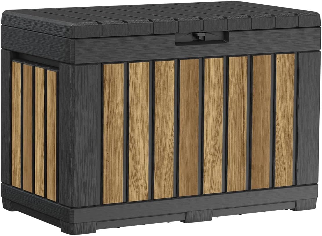 Keter Signature Collection 50 Gallon Resin Deck Box Organization and Storage Box for Patio Outdoor Cushions, Throw Pillows, Garden Tools and Pool Supplies, Oakridge