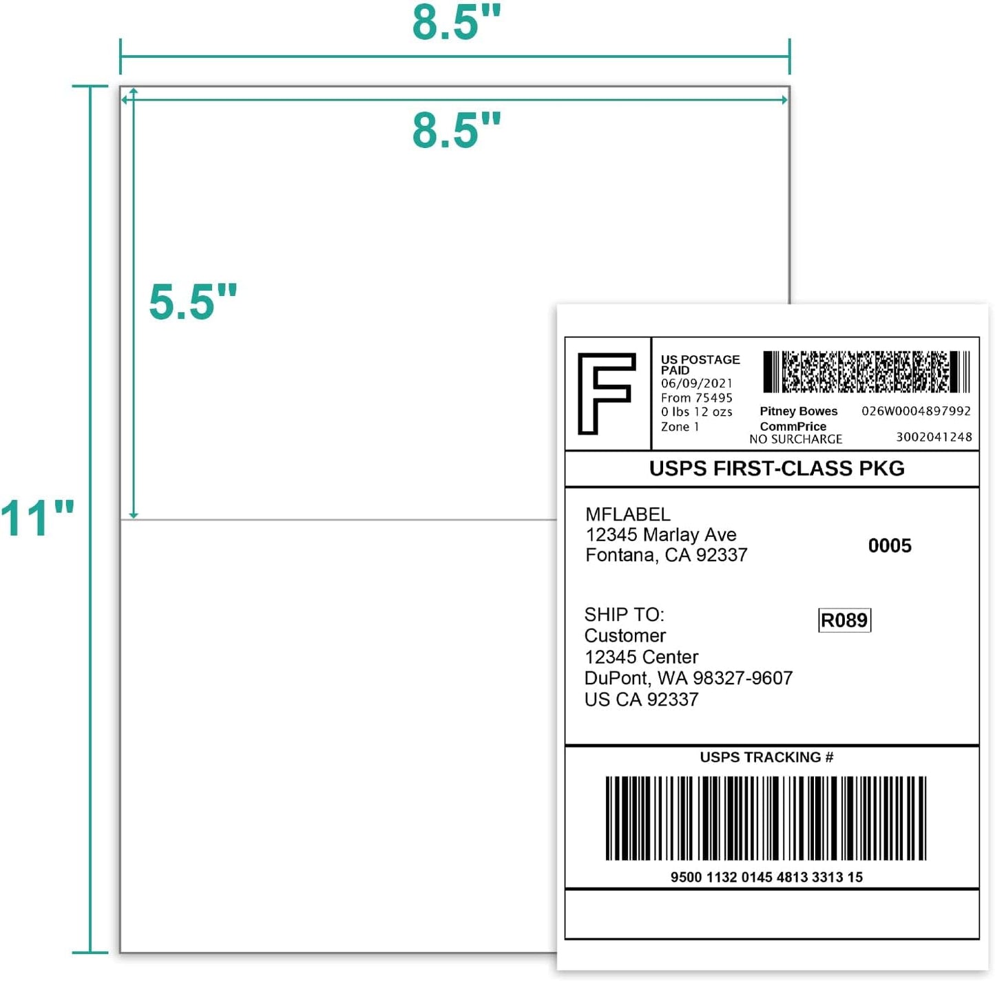 MFLABEL Half Sheet Label Laser/Ink Jet Shipping Label 8.5 x 11 Inches Packaging Labels, Address Labels for Laser & Inkjet Printers, 1500 Count(750 Sheets)