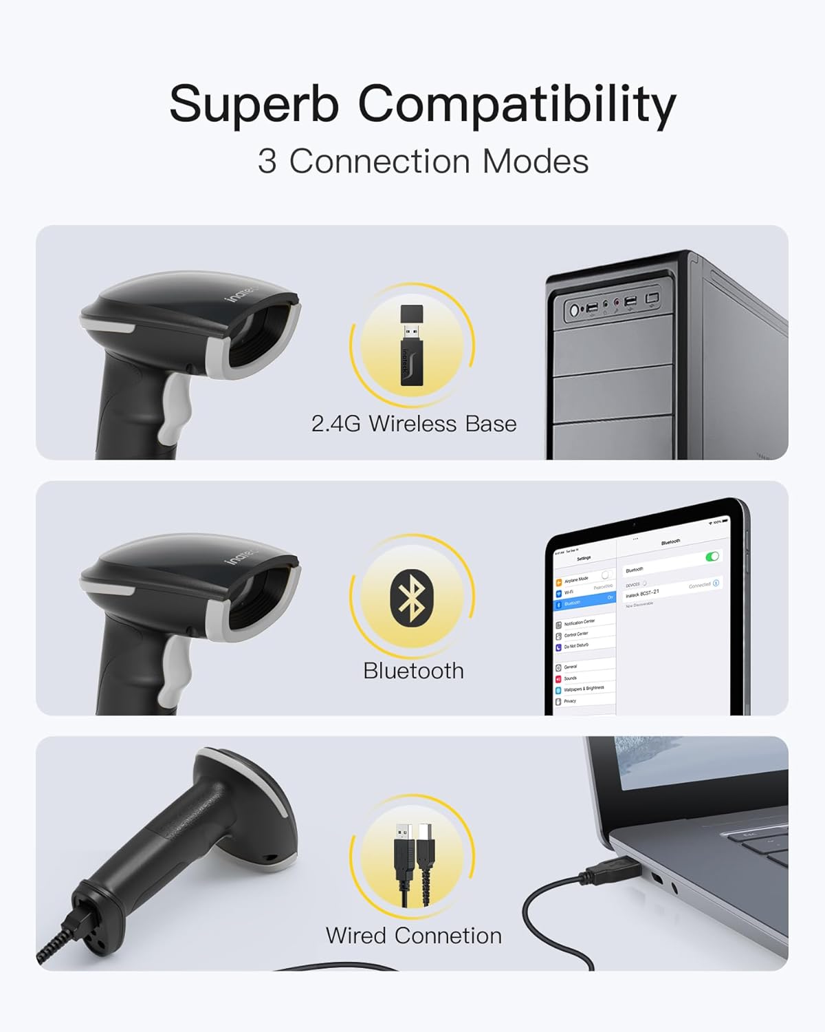 Inateck 2D Barcode Scanner with Intelligent Stand, Wireless QR Code Scanner, Handheld Scanner with APP and SDK, 2D Imager with 2600mAh Battery, BCST-35 Gray